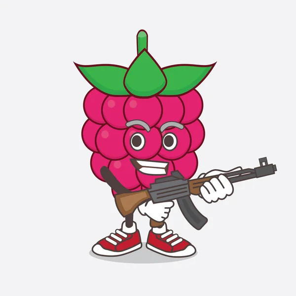 Uma Ilustração Personagem Mascote Desenho Animado Framboesa Fruto Com Metralhadora — Vetor de Stock