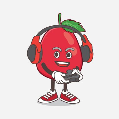 Rose Hip Fruit çizgi film maskotu karakterinin bir çizimi kulaklık ve kontrolörle bir oyun oynuyor.