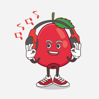 Rose Hip Fruit 'un bir çizimi. Maskot karakteri. Kulaklıkla müzik dinliyor.