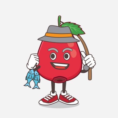 Rose Hip Fruit çizgi film karakteri iki balıkla balık avlarken bir resim.