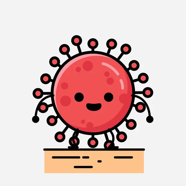 フラットデザインスタイルで可愛い赤いコロナウイルスマスコットベクトルキャラクターのイラスト — ストックベクタ