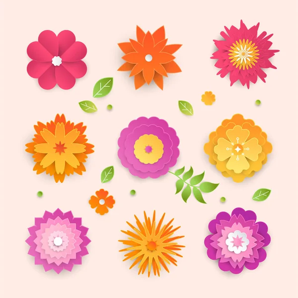 Paper cut flowers - set of modern vector colorful objects — Stock Vector