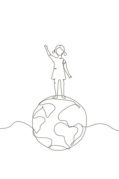 Fille debout sur un globe une illustration de style de conception de ligne — Image vectorielle