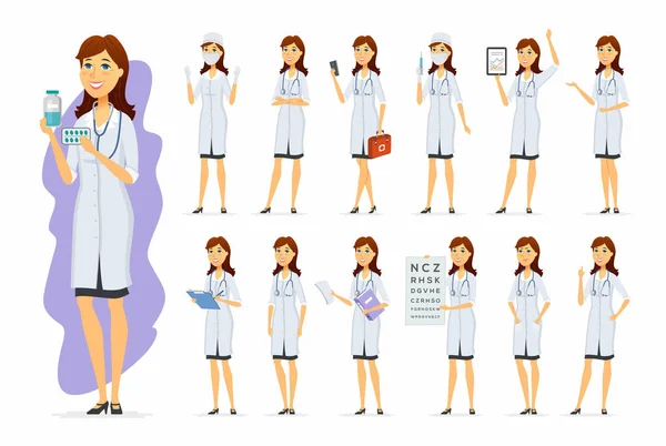 Médico feminino - conjunto de personagens de desenhos animados vetoriais —  Vetores de Stock