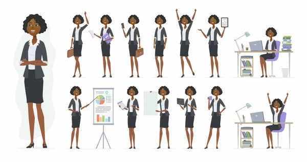 Mujer de negocios africana - vector de dibujos animados conjunto de personajes — Vector de stock