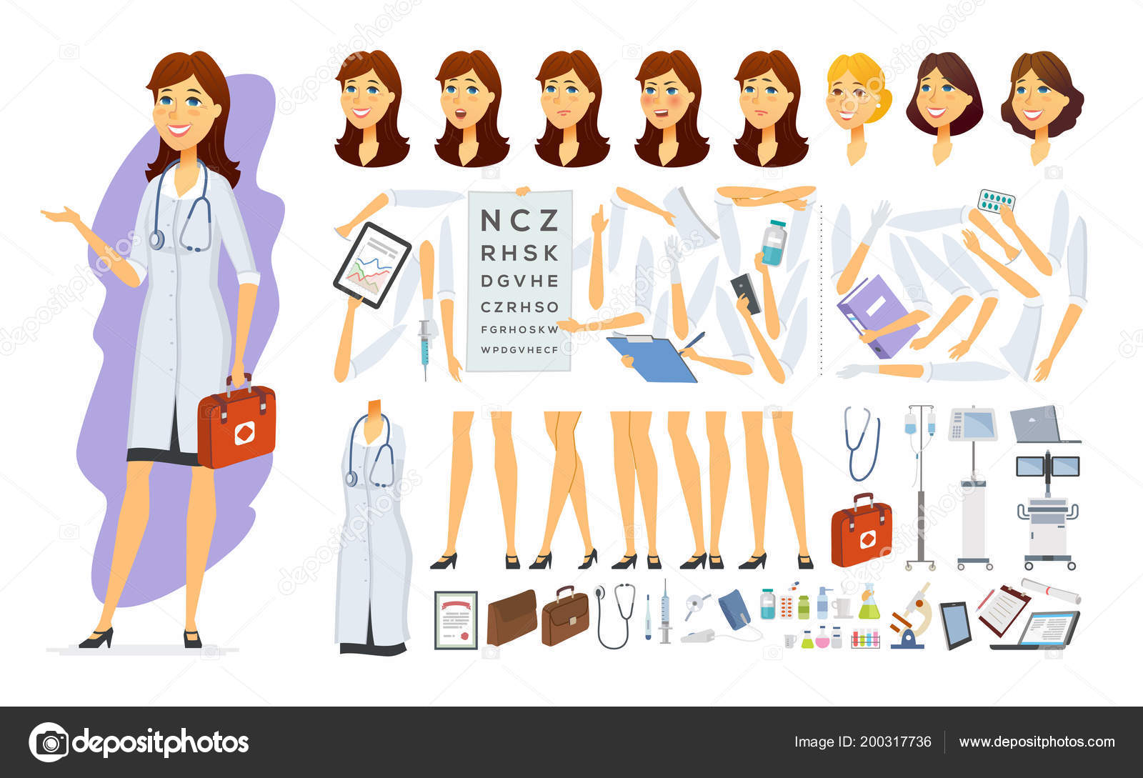Um personagem de desenho animado médico feminino em fundo branco