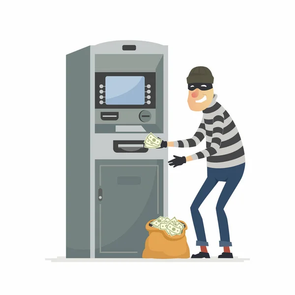 Ladrão roubando dinheiro de ATM- desenhos animados personagens ilustração — Vetor de Stock