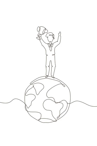 Boy standing on a globe - one line design style illustration — Stock Vector