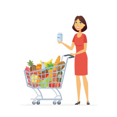 Bir alışveriş sepeti - genç kadın karikatür insanların karakterleri izole illüstrasyon