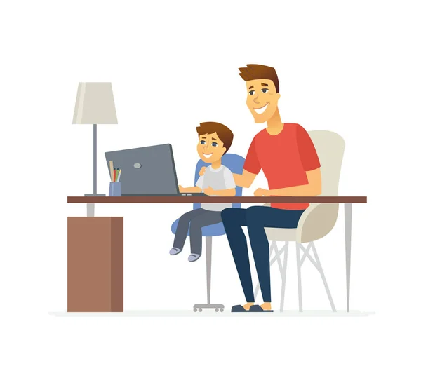 Vader en zoon op de laptop - cartoon personen personages illustratie — Stockvector