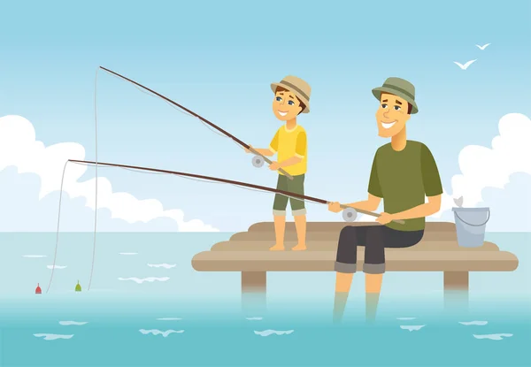Father and son fishing - cartoon people characters illustration — Stock Vector