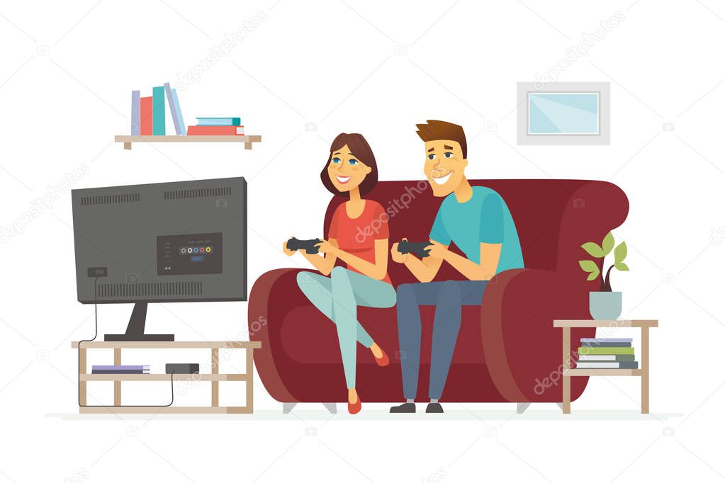 A couple resting in front of TV - cartoon people character isolated illustration