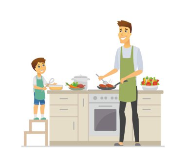 Baba ve oğul pişirme - karikatür insanların karakterleri illüstrasyon