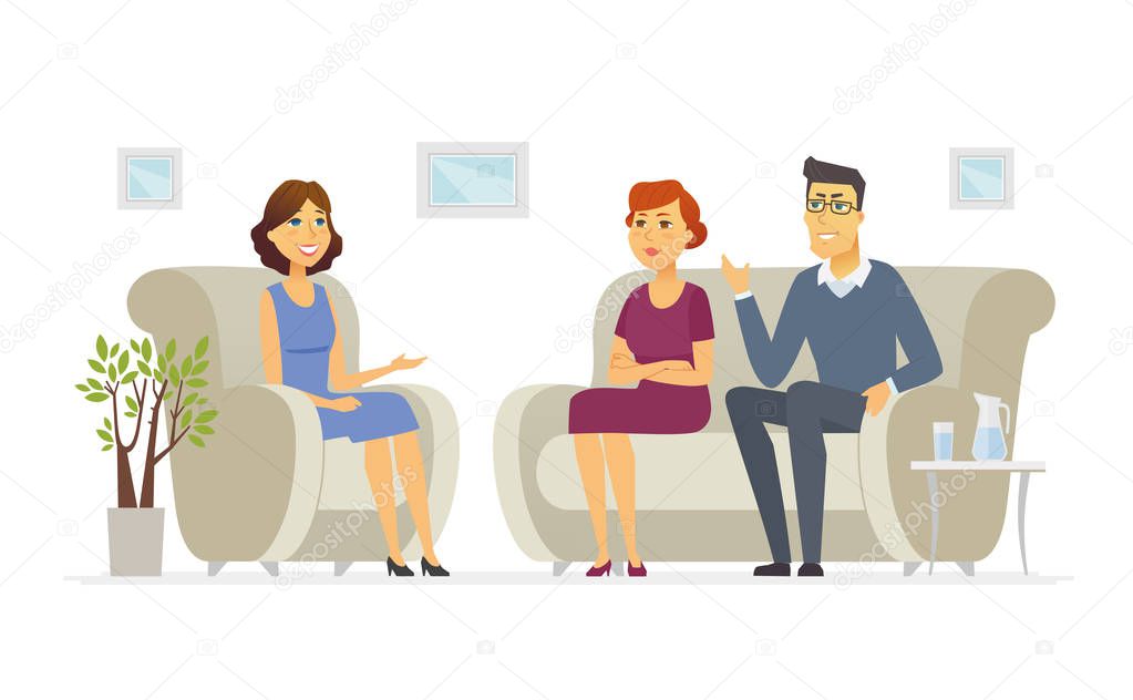 A couple visiting a psychologist - cartoon people character isolated illustration