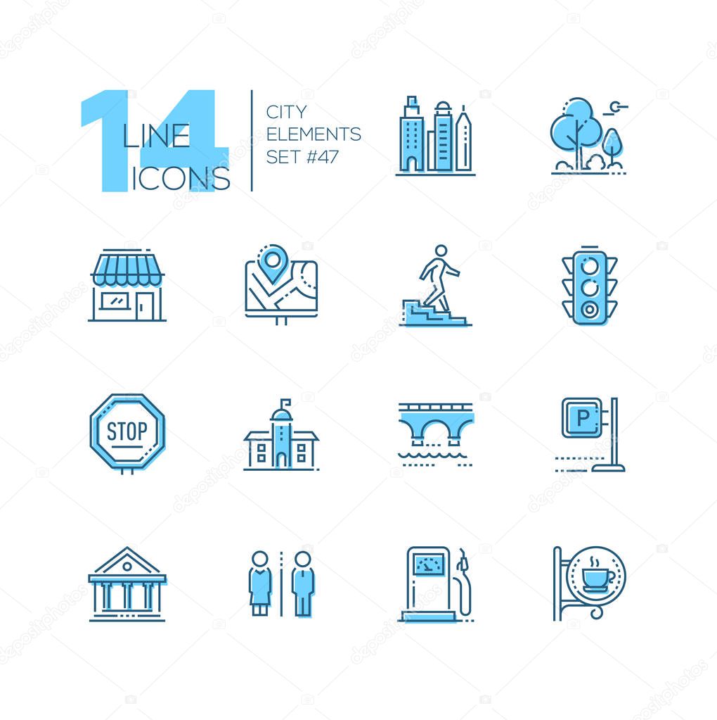 City elements - set of line design style blue icons