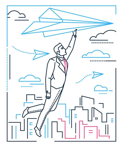 Бизнесмен, летящий на бумажном самолете - иллюстрация дизайна линии — стоковый вектор