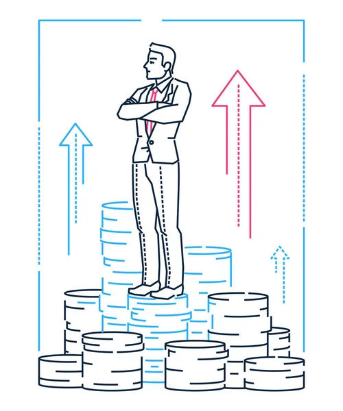 Empresario de pie sobre monedas - ilustración de estilo de diseño de línea — Vector de stock