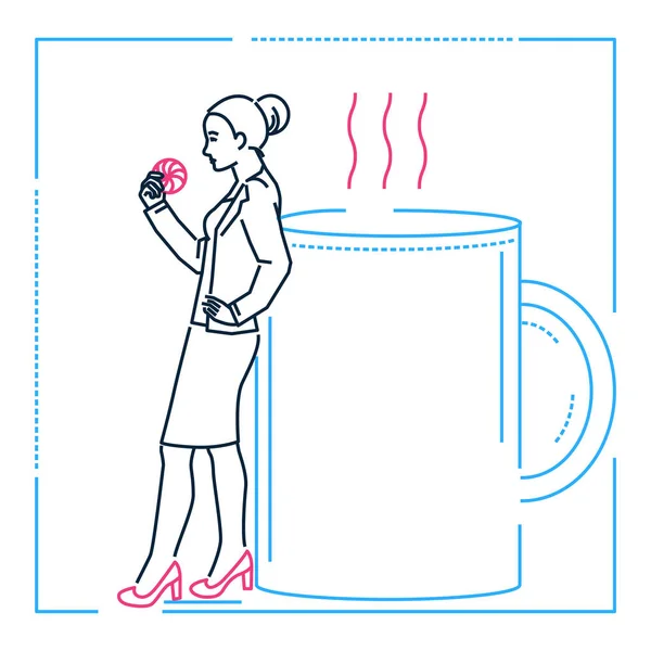 Деловая женщина на кофе-брейк - линия дизайн стиль иллюстрации — стоковый вектор