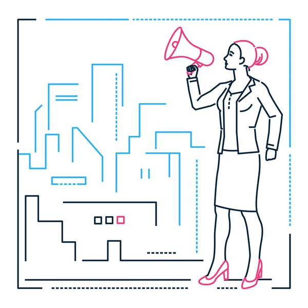 Businesswoman with a megaphone - line design style illustration - Stok Vektor