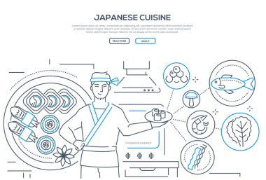 Japon mutfağı - ince çizgi tasarım stili afiş