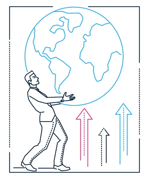 Geschäftsmann hält einen Globus in der Hand - Liniendesign-Stil-Illustration — Stockvektor