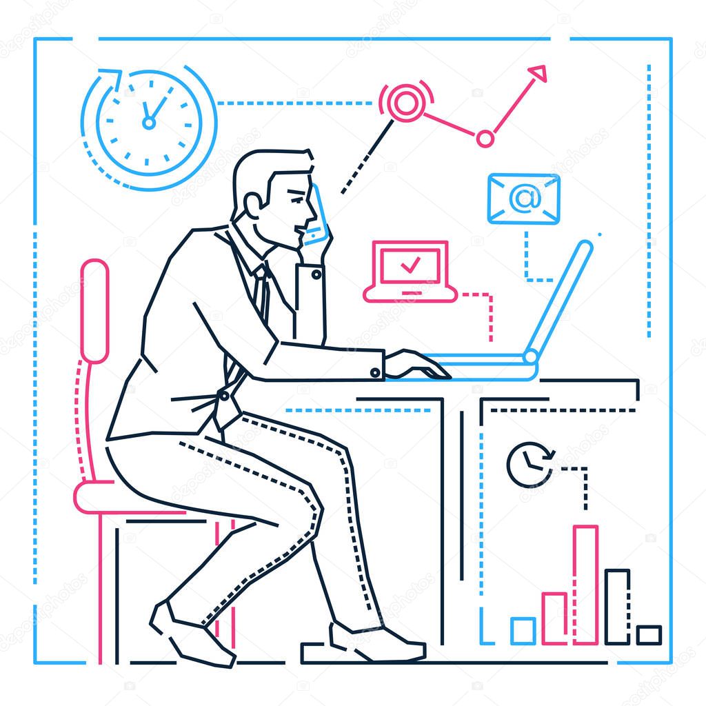 Businessman at the computer - line design style illustration