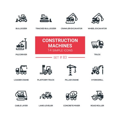 İnşaat makineleri - düz tasarım stili Icons set