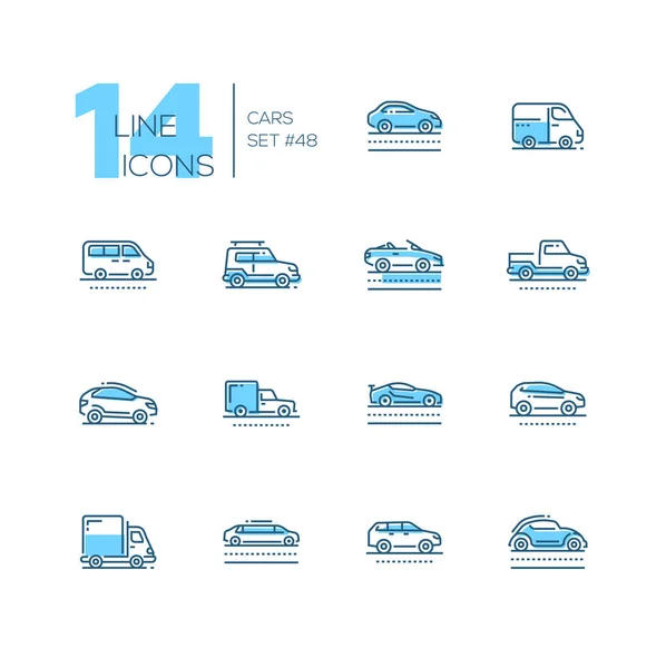 Carros - conjunto de ícones de estilo de design de linha azul — Vetor de Stock