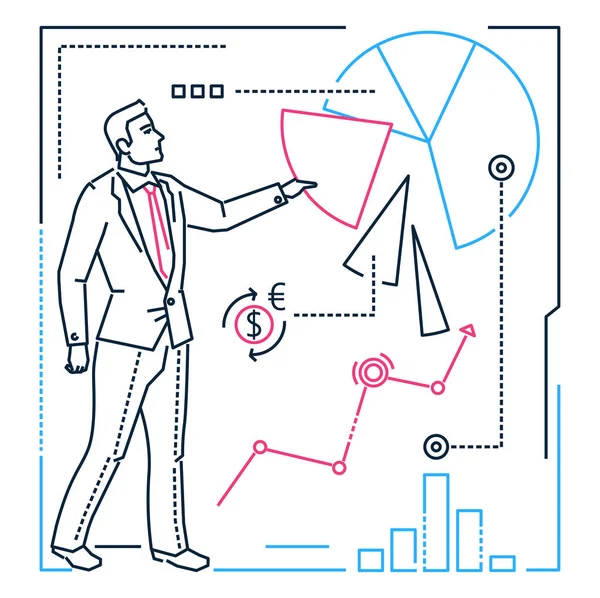 Biznesmen pokazuje diagram - line projekt styl ilustracji — Wektor stockowy