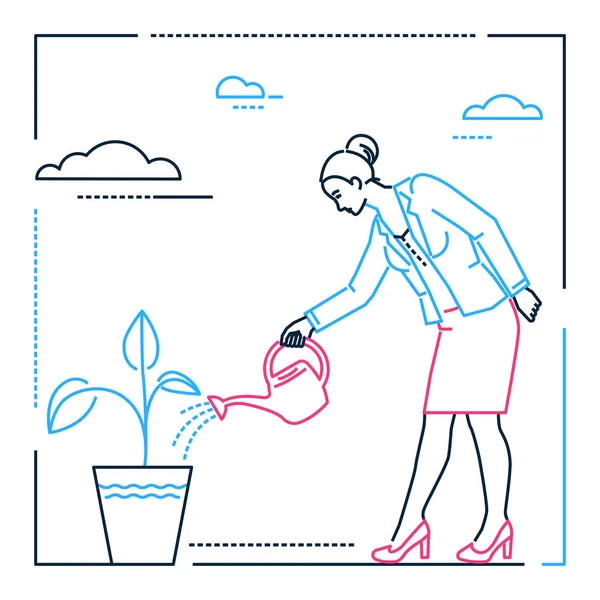 Бізнес-леді поливає рослину ілюстрація стилю лінії дизайну — стоковий вектор