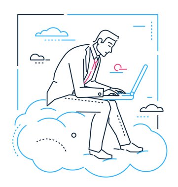 İşadamı ile bir laptop - çizgi stil tasarlamak