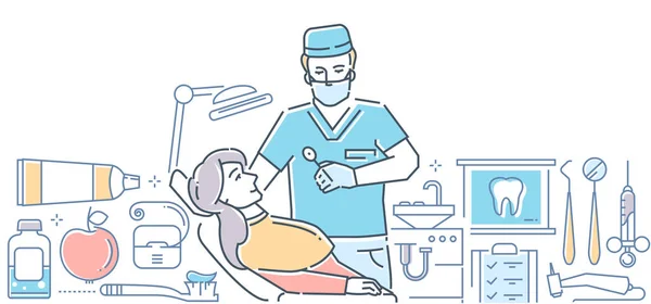 Dentista en el trabajo - ilustración de estilo de diseño de línea colorido moderno — Vector de stock