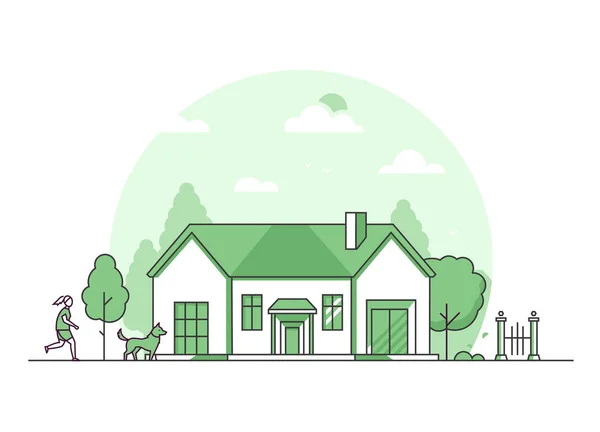 Пригородный дом - векторная иллюстрация в стиле современной тонкой линии — стоковый вектор