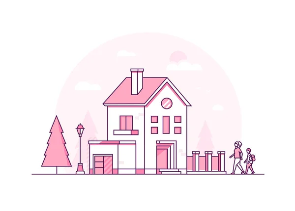 コテージ住宅 - 細い線デザイン スタイルのベクトル図 — ストックベクタ
