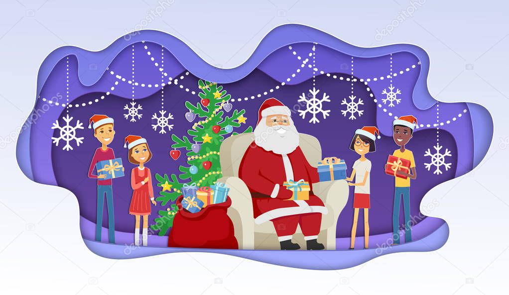 Santa meets children - modern vector paper cut illustration