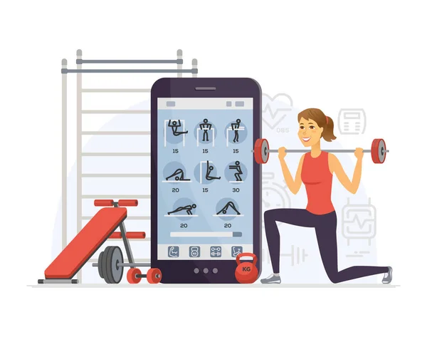 Fitness app - illustrazione moderna del personaggio dei cartoni animati vettoriali — Vettoriale Stock