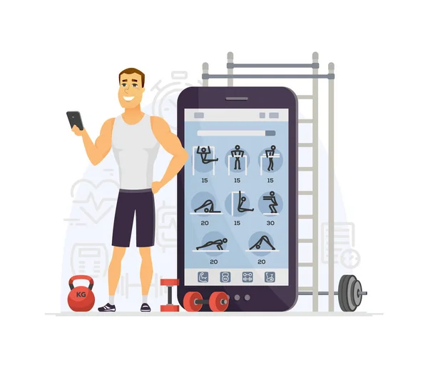 Fitness app - illustrazione moderna del personaggio dei cartoni animati vettoriali — Vettoriale Stock