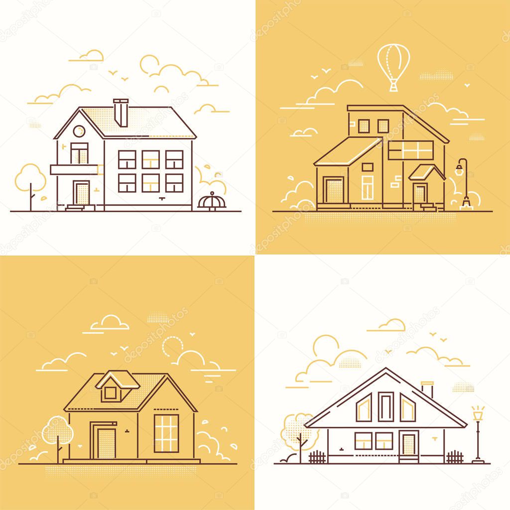 Town buildings - set of thin line design style vector illustrations
