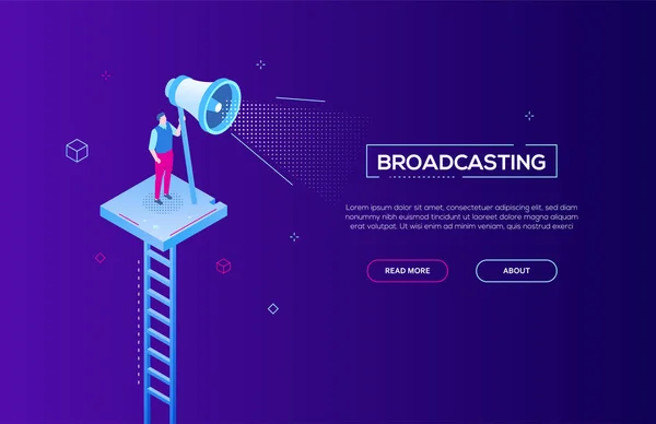 Broadcasting - moderna illustrazione isometrica vettoriale, banner web — Vettoriale Stock