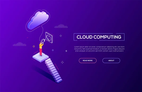 Cloud computing - moderno banner web de vectores isométricos — Archivo Imágenes Vectoriales