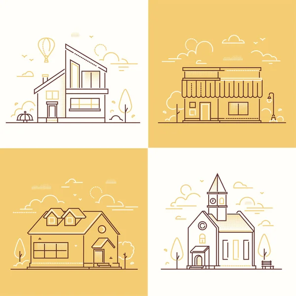 Town architecture - set of thin line design style vector illustrations — Stock Vector
