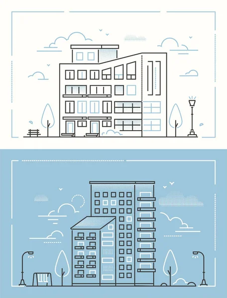 Edificios de la ciudad - conjunto de ilustraciones vectoriales de diseño de línea delgada — Vector de stock