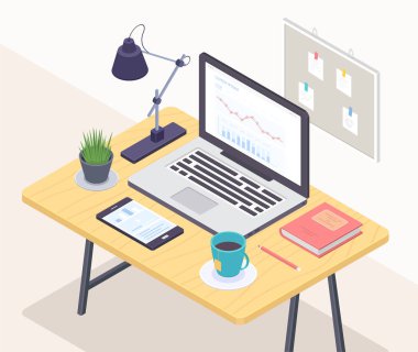 Ofis İşyeri - modern vektör renkli izometrik çizim