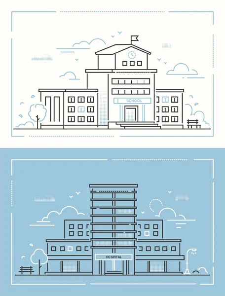 学校と病院 - 細い線ベクトル イラストとデザインのスタイルの設定 — ストックベクタ