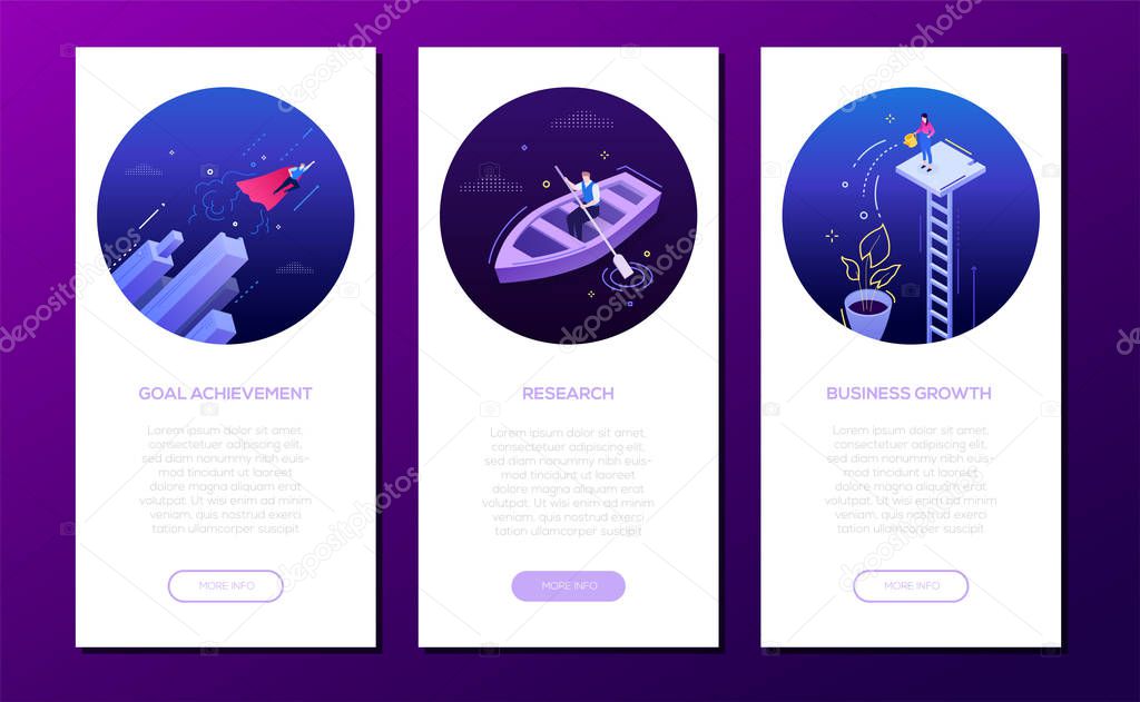 Goal achievement - set of isometric vector vertical web banners