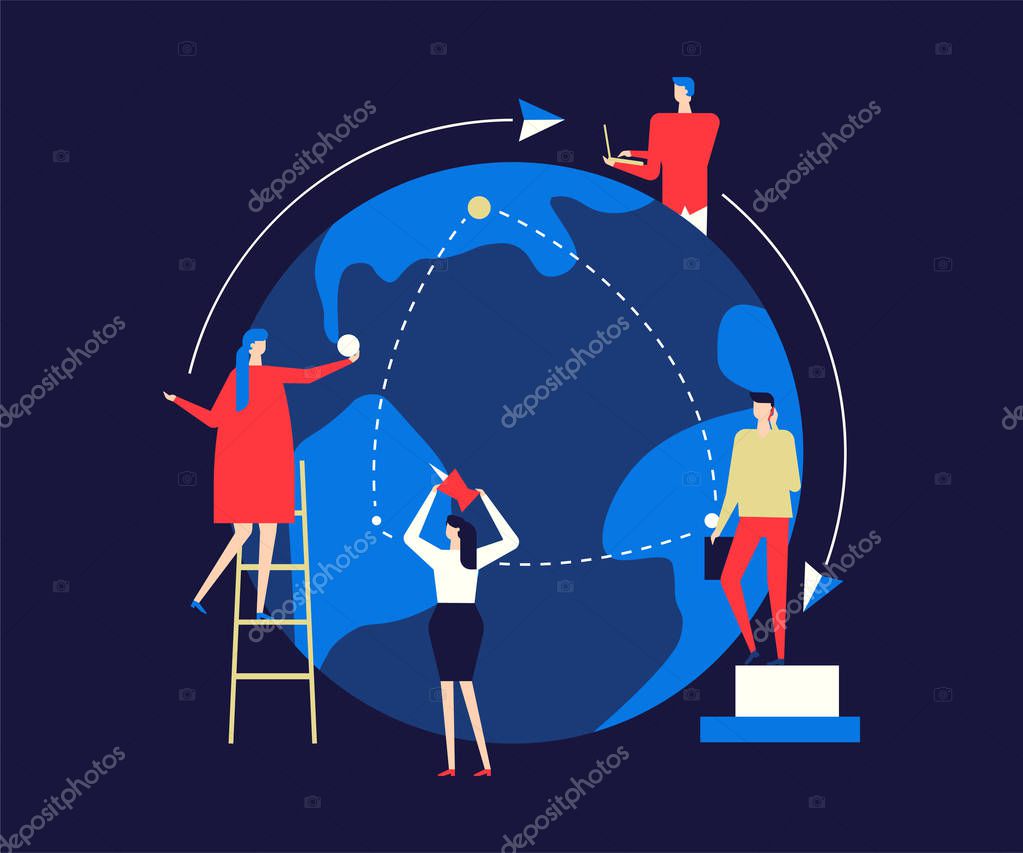 International business - flat design style colorful illustration on blue background. Male, female colleagues, creative team standing around a globe, working on a project. Global communication concept