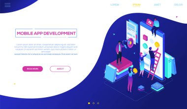 Mobil uygulama geliştirme - modern renkli izometrik vektör web afiş