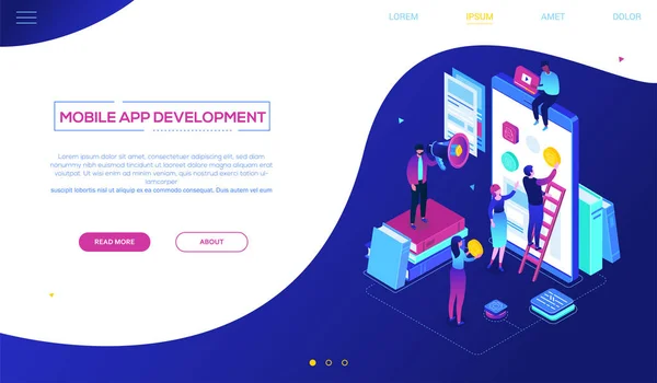 Mobiele app ontwikkeling - moderne kleurrijke isometrische vector webbanner — Stockvector