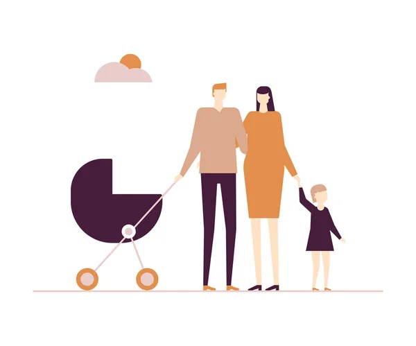家族散歩 - フラットなデザイン スタイルのカラフルなイラストに — ストックベクタ