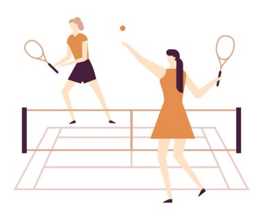 Tenis - düz tasarım stili renkli resimde oynayan kızlar